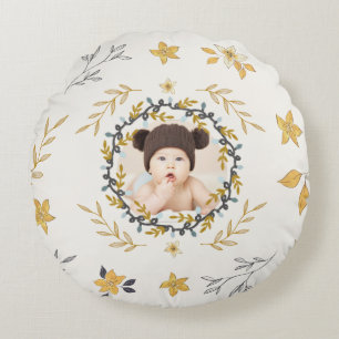 Christmastime Deer Yellow Cream Floral Photo Round Cushion