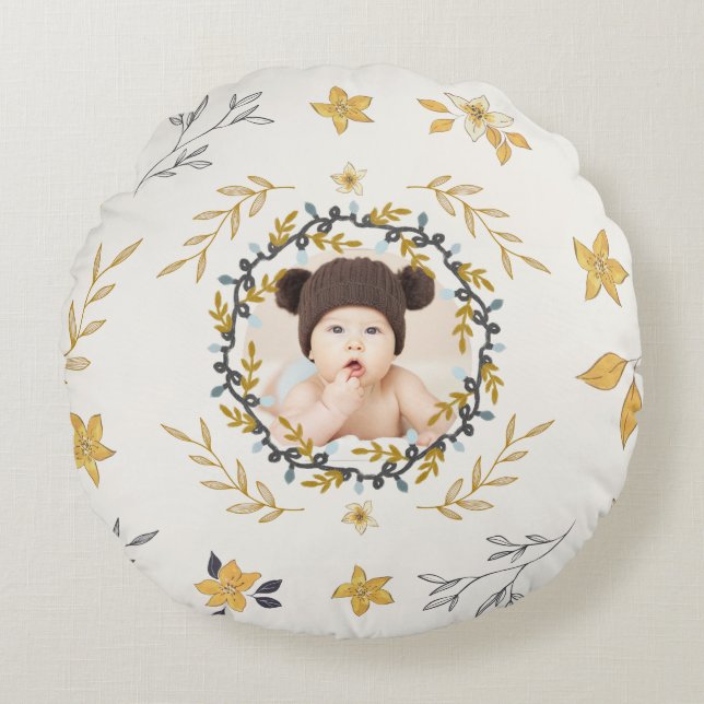 Christmastime Deer Yellow Cream Floral Photo Round Cushion (Front)