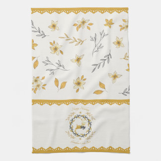 Christmastime Deer Yellow Cream Floral Tea Towel