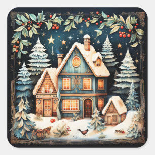 Christmastime, vintage holiday scene, square sticker