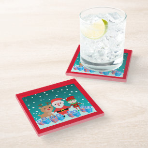 CHRISTMASTIME WITH SANTA AND HIS FRIENDS GLASS COA GLASS COASTER