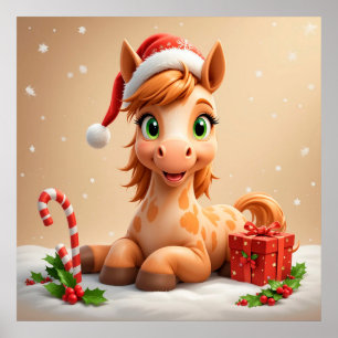 Christms Cartoon Horse With Santa Hat Poster