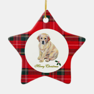 Christms Yellow Labrador Puppy Tartan Ceramic Tree Decoration