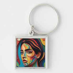 Chromatic Grace – Modern Paper-Cut Portrait Key Ring