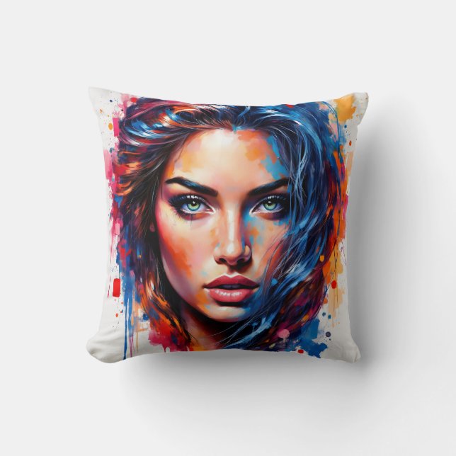 Chromatic Muse – Neon Splash Portrait Cushion (Front)