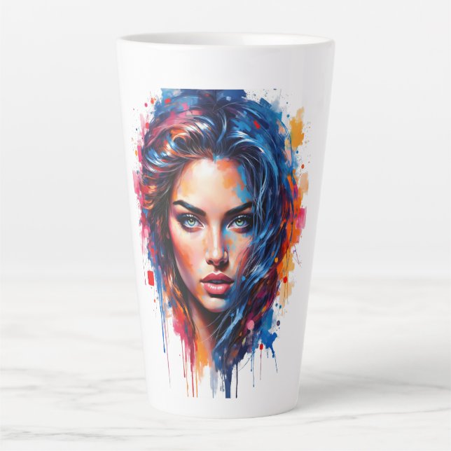 Chromatic Muse – Neon Splash Portrait Latte Mug (Front)