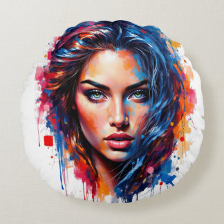 Chromatic Muse – Neon Splash Portrait Round Cushion