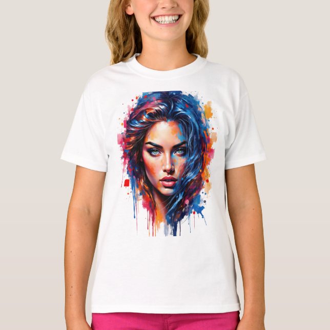 Chromatic Muse – Neon Splash Portrait T-Shirt (Front)