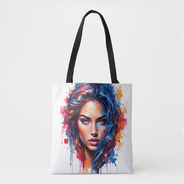 Chromatic Muse – Neon Splash Portrait Tote Bag (Front)