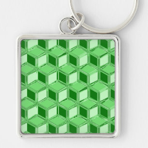 Chrome 3-d boxes - emerald green key ring