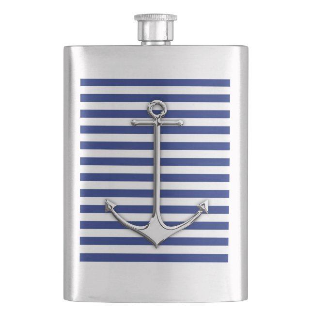 Chrome Anchor Nautical on Navy Stripes Print Hip Flask (Front)