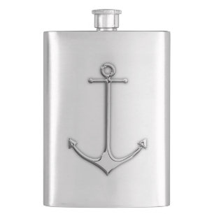 Chrome Anchor Nautical Print Hip Flask