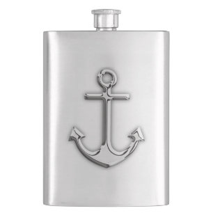 Chrome Anchor Nautical Print Hip Flask