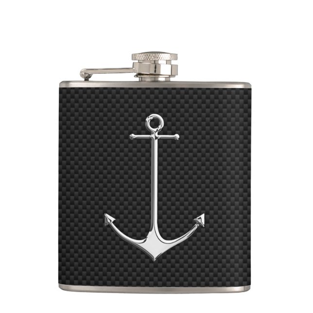Chrome Anchor on Carbon Fibre Print Hip Flask (Front)