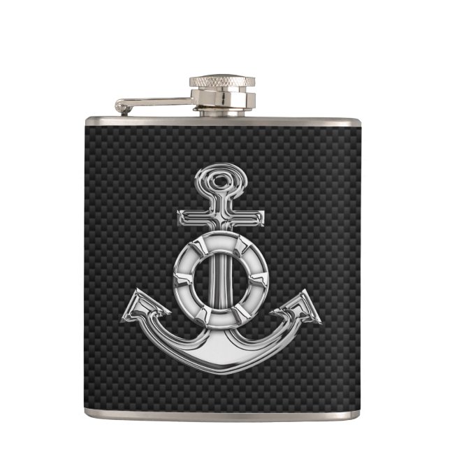 Chrome Anchor on Carbon Fibre Print Hip Flask (Front)