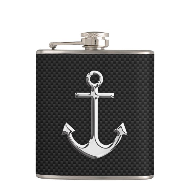 Chrome Anchor on Carbon Fibre Print Hip Flask (Front)
