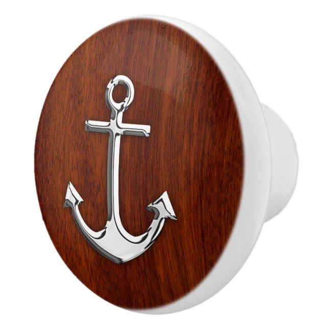Chrome Anchor on Nautical Mahogany Grain Print Ceramic Knob (Right)