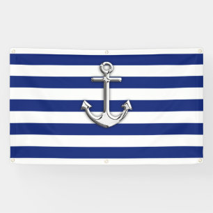 Chrome Anchor on Nautical Navy Blue Stripes Print Banner