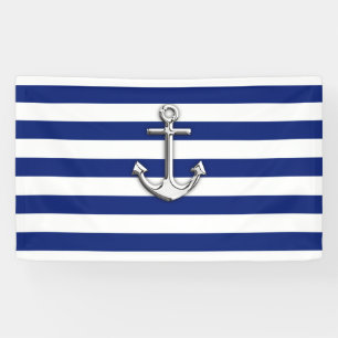 Chrome Anchor on Nautical Navy Blue Stripes Print Banner