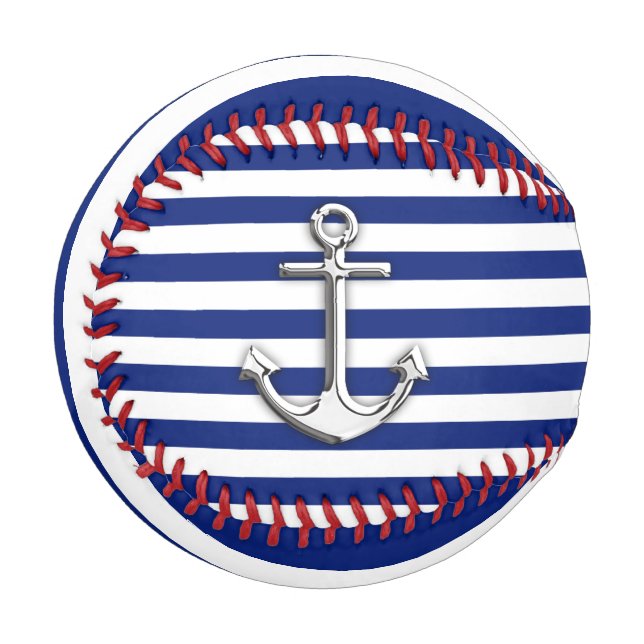 Chrome Anchor on Nautical Navy Blue Stripes Print Baseball (Front Left)