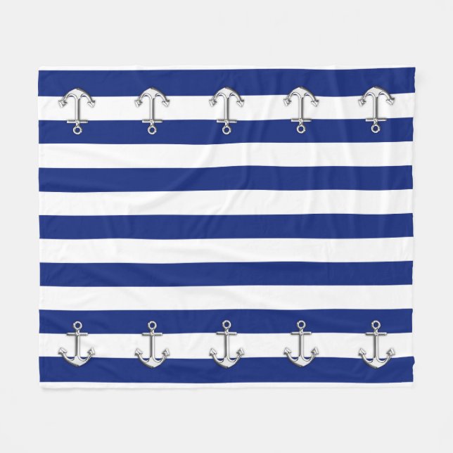 Chrome Anchor on Nautical Navy Blue Stripes Print Fleece Blanket (Front (Horizontal))