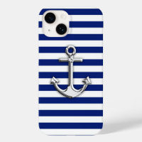 Chrome Anchor on Navy Blue Stripes Decor