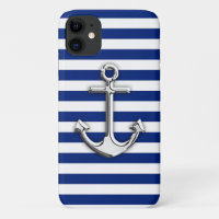 Chrome Anchor on Navy Blue Stripes Decor