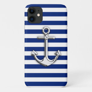 Chrome Anchor on Navy Blue Stripes Decor Case-Mate iPhone Case