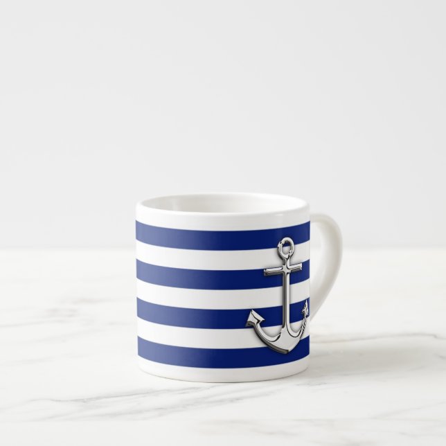 Chrome Anchor on Navy Stripes Espresso Cup (Front Right)