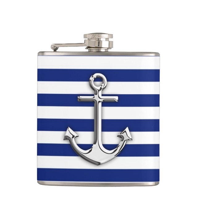 Chrome Anchor on Navy Stripes Hip Flask (Front)