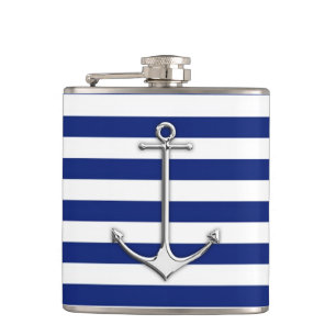 Chrome Anchor on Navy Stripes Hip Flask