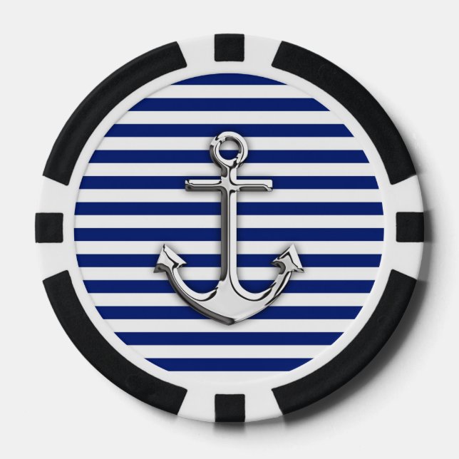 Chrome Anchor on Navy Stripes Poker Chips (Front)
