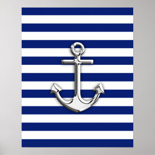 Chrome Anchor on Navy Stripes Poster