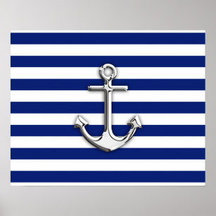 Chrome Anchor on Navy Stripes Poster