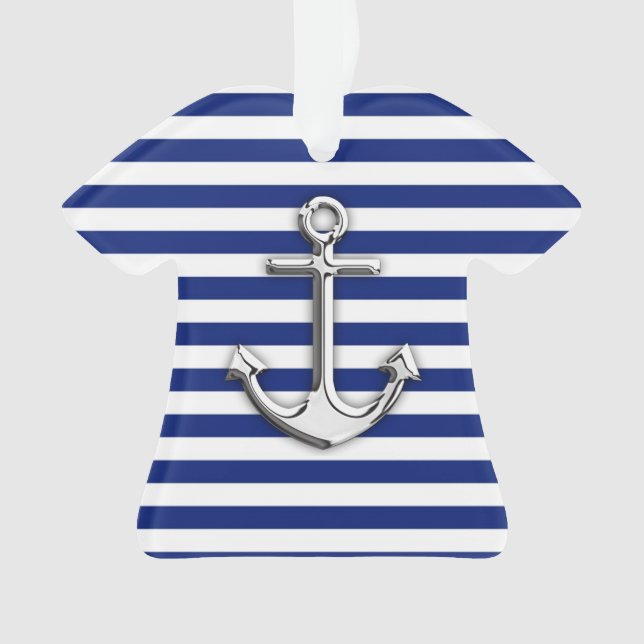 Chrome Anchor on Navy Stripes Print Ornament (Front)