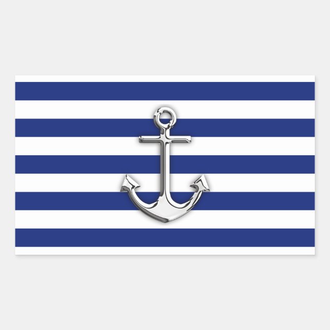 Chrome Anchor on Navy Stripes Rectangular Sticker (Front)
