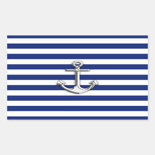 Chrome Anchor on Navy Stripes Rectangular Sticker