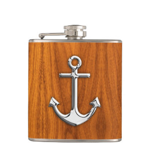 Chrome Anchor on Teak Print Hip Flask