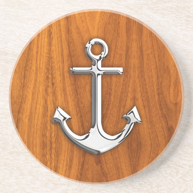 Chrome Anchor on Teak Veneer Style Coaster (Front)