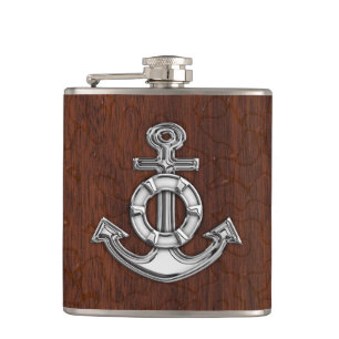 Chrome Anchor on Wet Mahogany Print Hip Flask