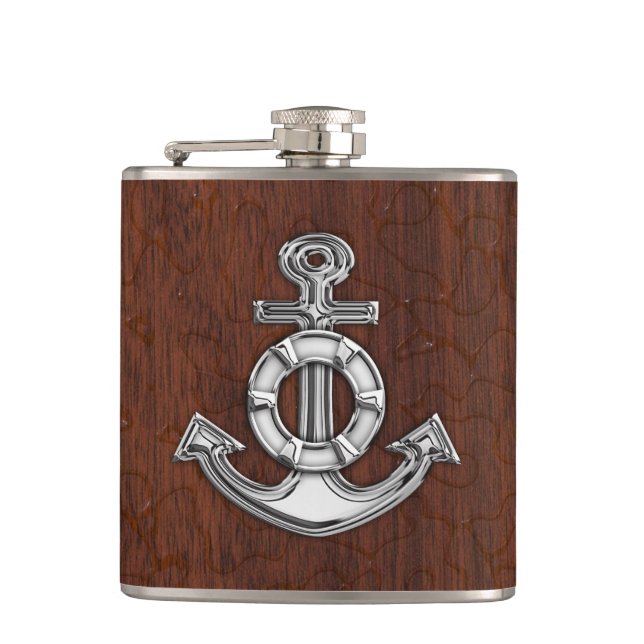 Chrome Anchor on Wet Mahogany Print Hip Flask (Front)