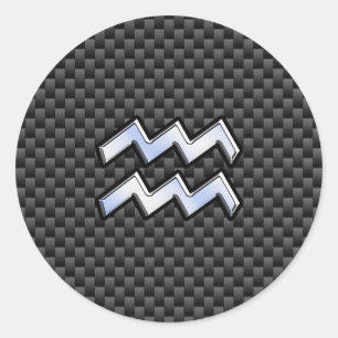 Chrome Aquarius Zodiac Sign Carbon Fibre Styles Classic Round Sticker