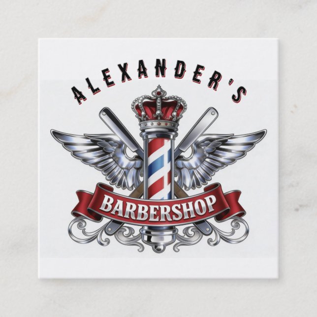 Chrome Barber Pole and Crown Personalize Square Business Card (Front)