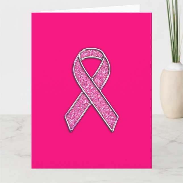 Chrome Belted Glitter Style Pink Ribbon Awareness Card (Front)