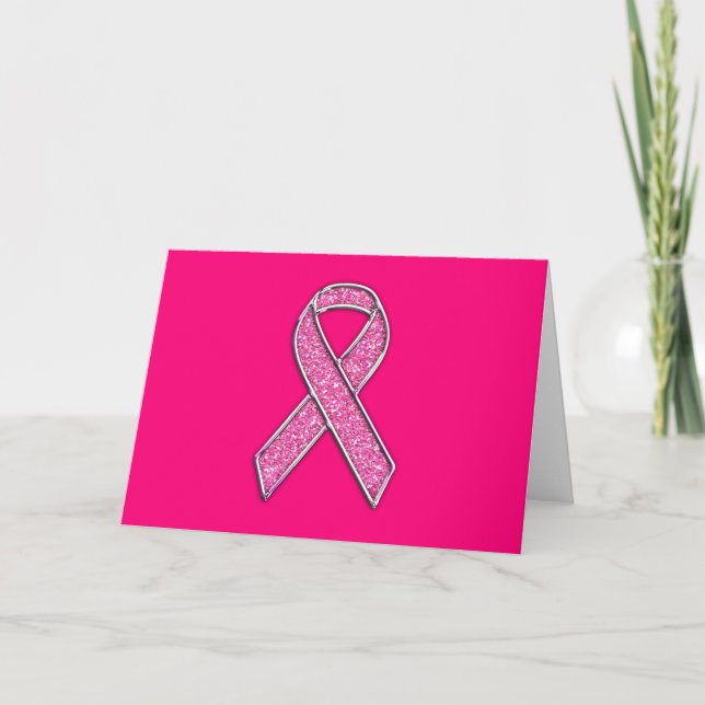 Chrome Belted Glitter Style Pink Ribbon Awareness Card (Front)
