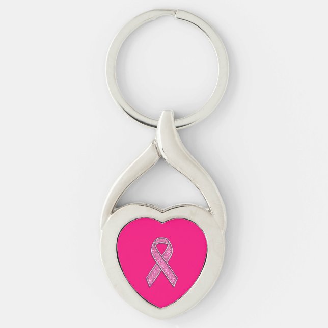 Chrome Belted Glitter Style Pink Ribbon Awareness Key Ring (Front)