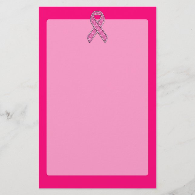 Chrome Belted Glitter Style Pink Ribbon Awareness Stationery (Front)