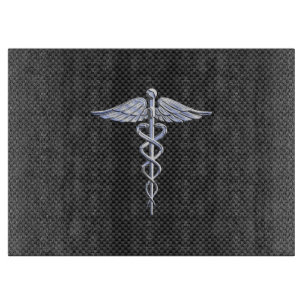 Chrome Caduceus Medical Symbol Black Carbon Fibre Cutting Board