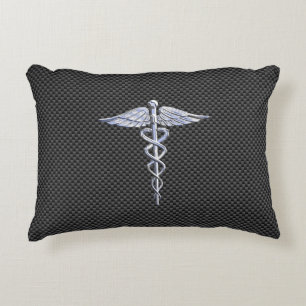 Chrome Caduceus Medical Symbol Black Carbon Fibre Decorative Cushion
