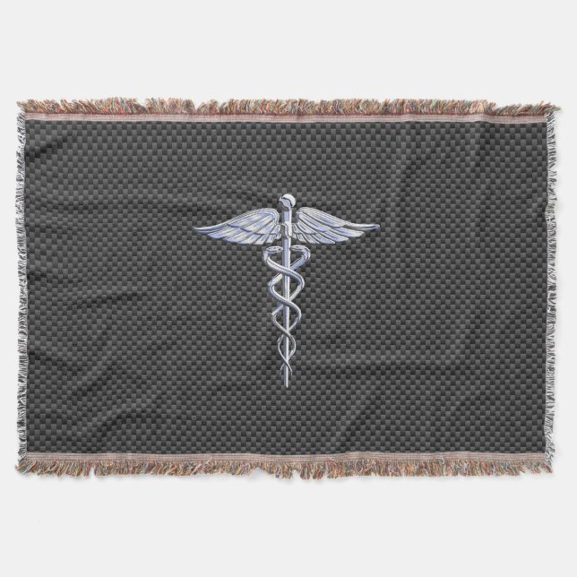 Chrome Caduceus Medical Symbol Black Carbon Fibre Throw Blanket (Front)